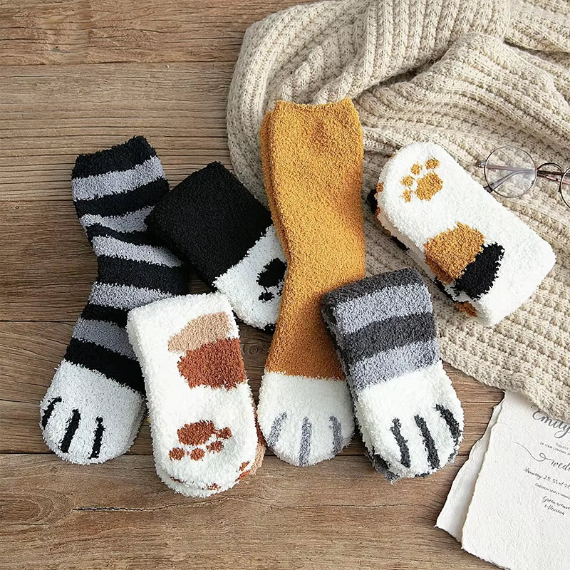Plush Winter Funny Cute Style Animal Cat Paw Cartoon Pattern Women Cotton Socks Super Soft for Female House Sleeping Floor Sox