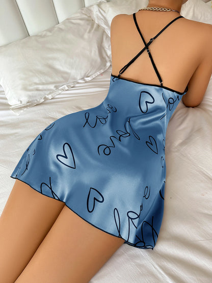 Heart Letter Print Nightdress Casual round Neck Spaghetti Strap Sleep Dress Women'S Sleepwear Dresses