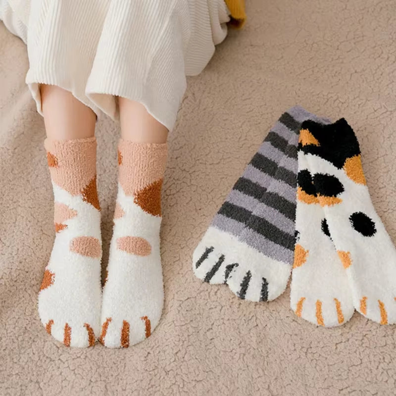 Plush Winter Funny Cute Style Animal Cat Paw Cartoon Pattern Women Cotton Socks Super Soft for Female House Sleeping Floor Sox
